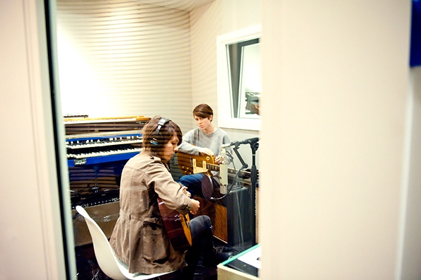 Tegan and Sara in the studio, Apr 2012, photo by Lindsey Byrnes