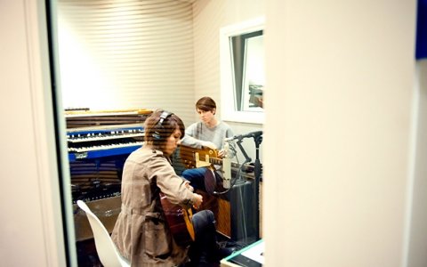 Tegan and Sara in the studio, Apr 2012, photo by Lindsey Byrnes