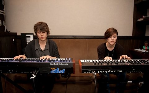 Tegan and Sara in the studio with Justin Meldal-Johnsen May 2012, photo by Lindsey Byrnes