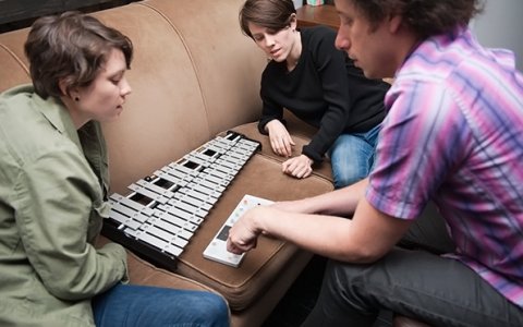 Tegan and Sara recording with Justin Meldal-Johnsen May 2012. Photo by Lindsey Byrnes