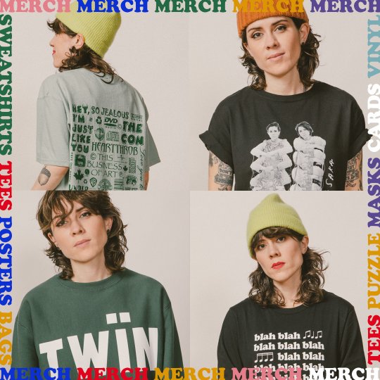 Mobile only Tegan and Sara merch shop banner with four pictures showing off shirt designs.